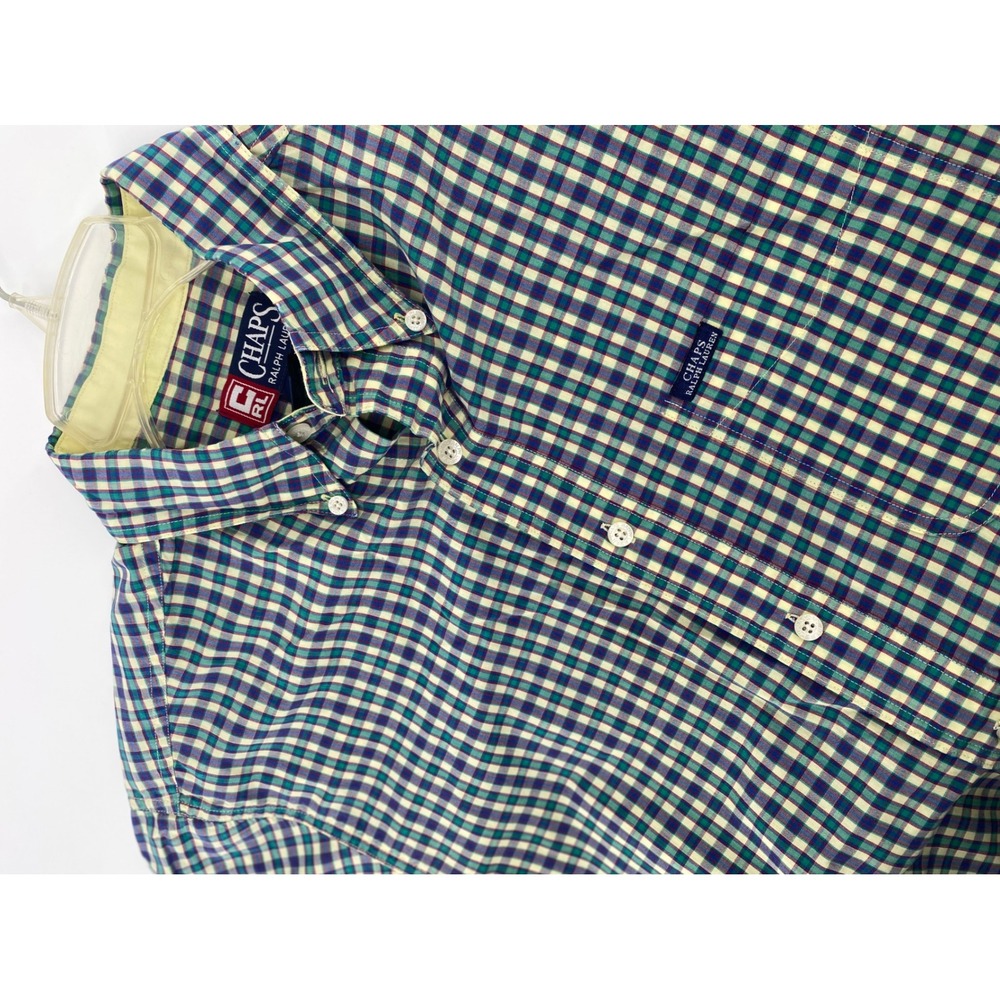 Chaps Ralph Lauren Mens Plaid Short Sleeve Button Down Shirt Blue Green Medium - Picture 3 of 7